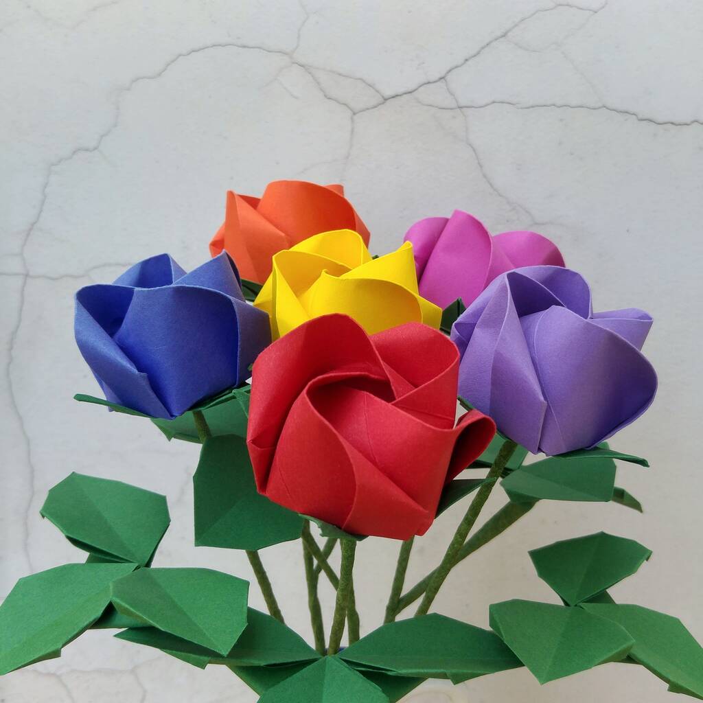 Rainbow Bouquet Of Origami Paper Roses By Origami Blooms ...