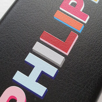 Personalised Rainbow Font Black Pu Leather Phone Case, 3 of 7