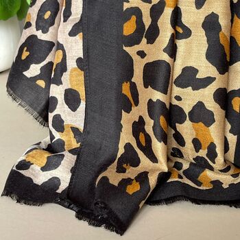 Leopard Print Black Border Scarf In Black And Brown, 3 of 4