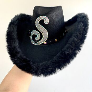 Personalised Black Cowboy Hat With Faux Fur Trim, 5 of 7