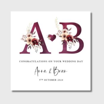 Wedding Card Personalised Burgundy Floral Initials, 2 of 2