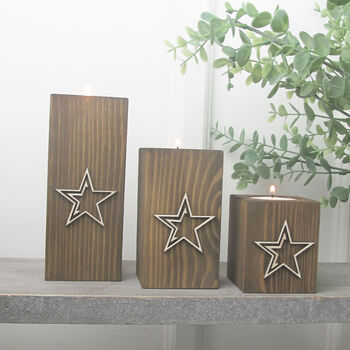 Trio Of Wooden Tea Light Holders Raised Star Design, 2 of 9