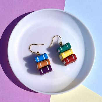 Book Stack Polymer Clay Rainbow Dangle Earrings, 3 of 5