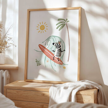 Whimsical Surfing Zebra Children's Art Print, 3 of 3