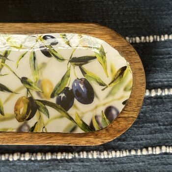 Mango Wood Long Food Serving Platter With Olive Print And Enamel Coating, 3 of 7