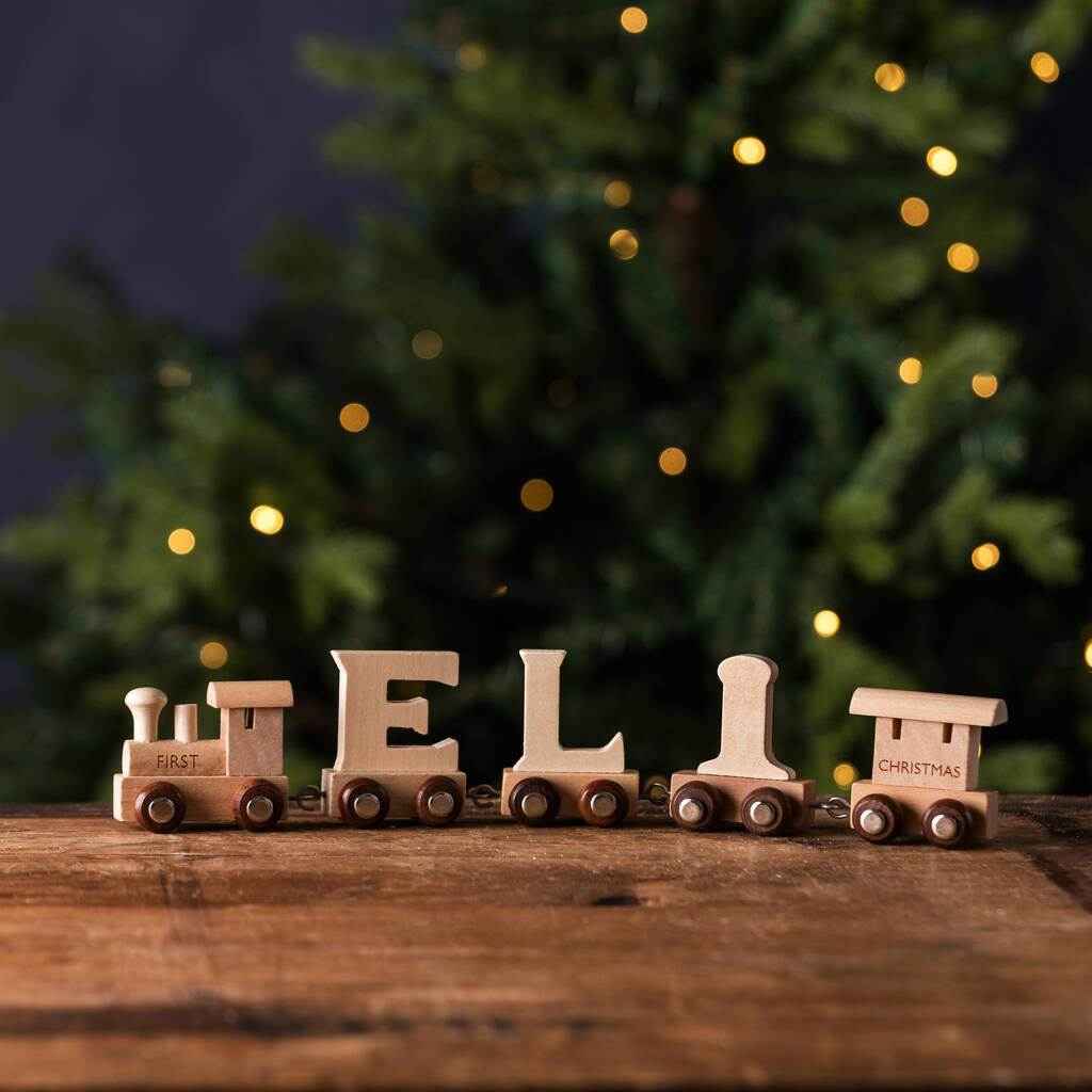 Personalised Engraved Christmas Wooden Name Train Set, 1 of 9