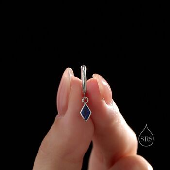 Very Tiny Rhombus Sapphire Blue Cz Huggie Hoop In Sterling Silver, 5 of 12