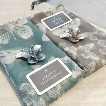 Butterfly Silhouette Scarf And Butterfly Brooch Set, 2 of 6
