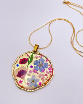 Pressed Flowers Round Gold Necklace Medium Hand Made, 4 of 11