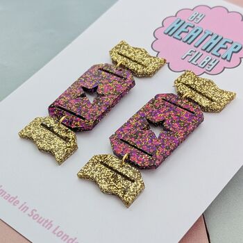Christmas Cracker Glitzy Glitter Resin Christmas Earrings Red And Gold And Blue And Purple, 4 of 8