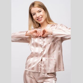 Beige Stripe Satin Women's Silk Sleepwear Pyjama Set, 7 of 12