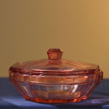 Vintage Art Deco Lidded Glass Trinket Pot Pink, 2 of 4