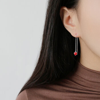 Sterling Silver Tiny Red Heart Threader Earrings, 2 of 5