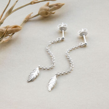 Sterling Silver Feather Chain Stud Earrings, 2 of 3