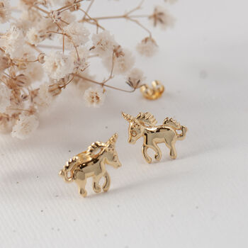 Gold Plated Unicorn Stud Earrings, 2 of 11