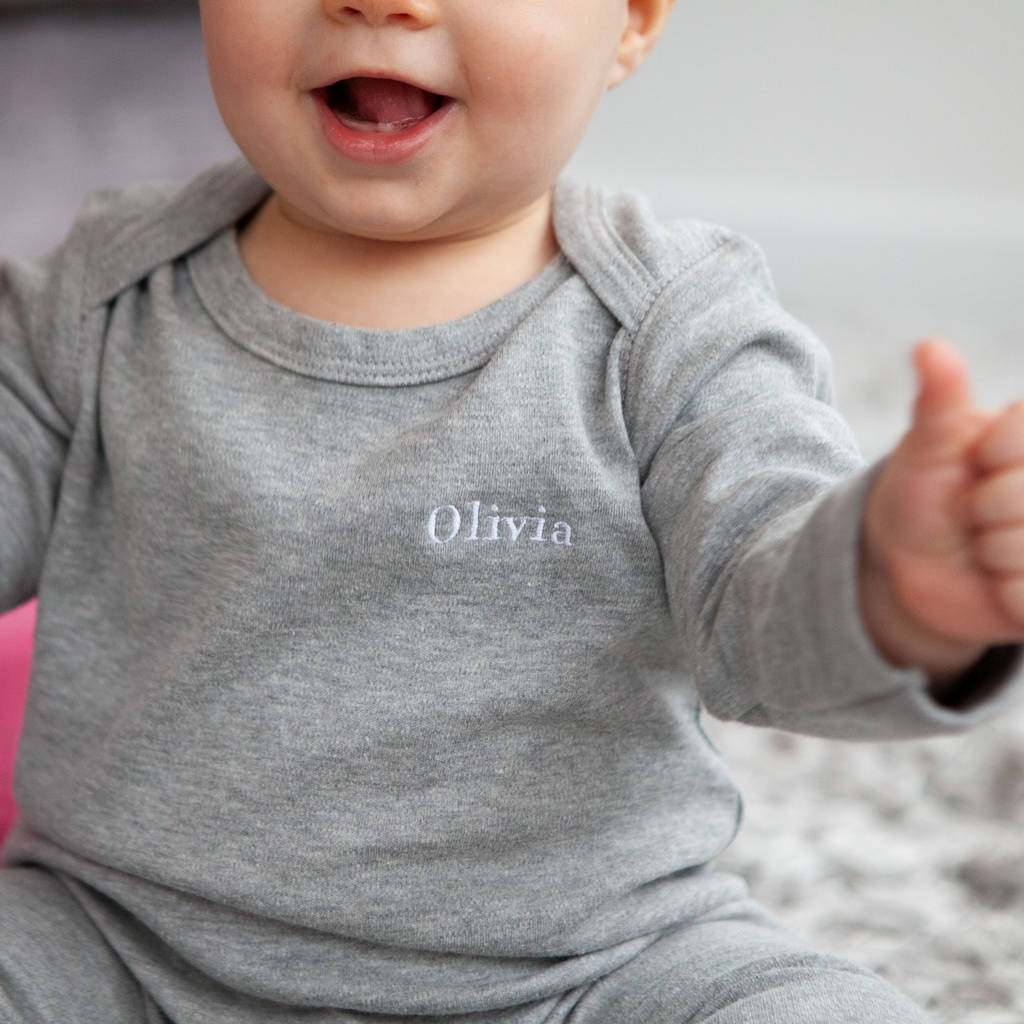 Personalised Embroidered Baby Grow In White Or Grey, 1 of 5