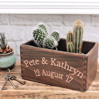 Personalised Carved Wooden Pot Planter Or Storage Box, 3 of 4
