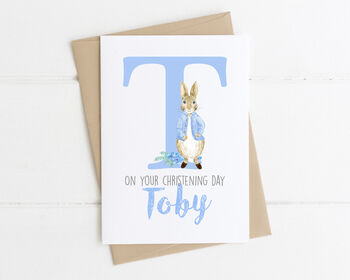 Personalised Christening Card Blue Rabbit, 2 of 4