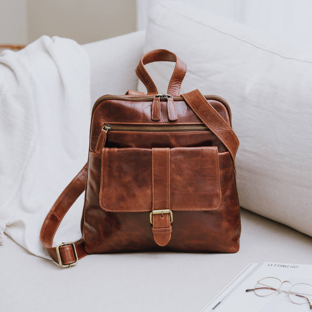 Leather Backpack With Pocket, Brown By The Leather Store