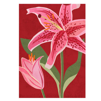 Stargazer Lily Greeting Card, Botanical Illustration, Pinks And Reds, All Occasion, In Sympathy, Mothers Day, Mum, For Her, Valentines, 2 of 2