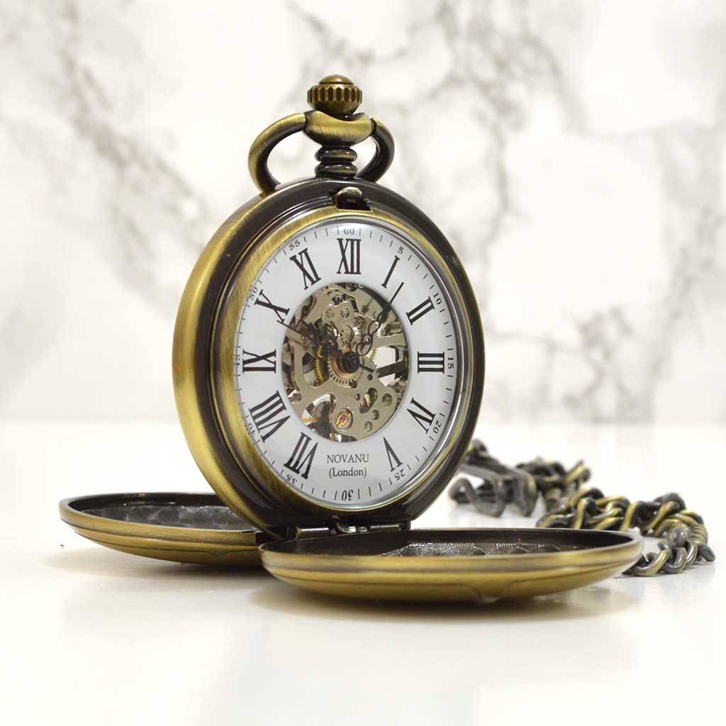 Engraved Bronze Pocket Watch Twin Opening, 1 of 6