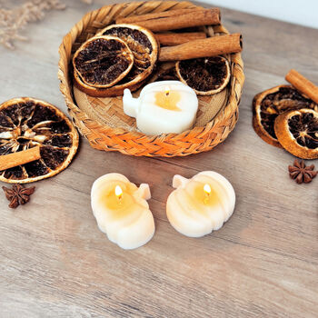 Set Of Three White Pumpkin Tea Light Candles, 6 of 10