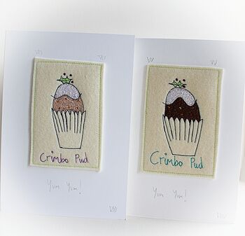 Two Embroidered Crimbo Pud Christmas Cards, 3 of 4