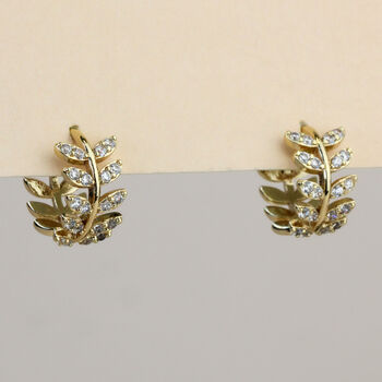 Gold Leaf Vine Hoop Earrings With Tiny White Crystal Circle Earrings, 3 of 3