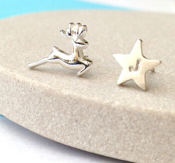 Sterling Silver Reindeer And Initial Star Mismatched Earrings, 8 of 8