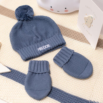 Baby Boy Personalised Bobble Hat And Mittens Gift Set, 11 of 12