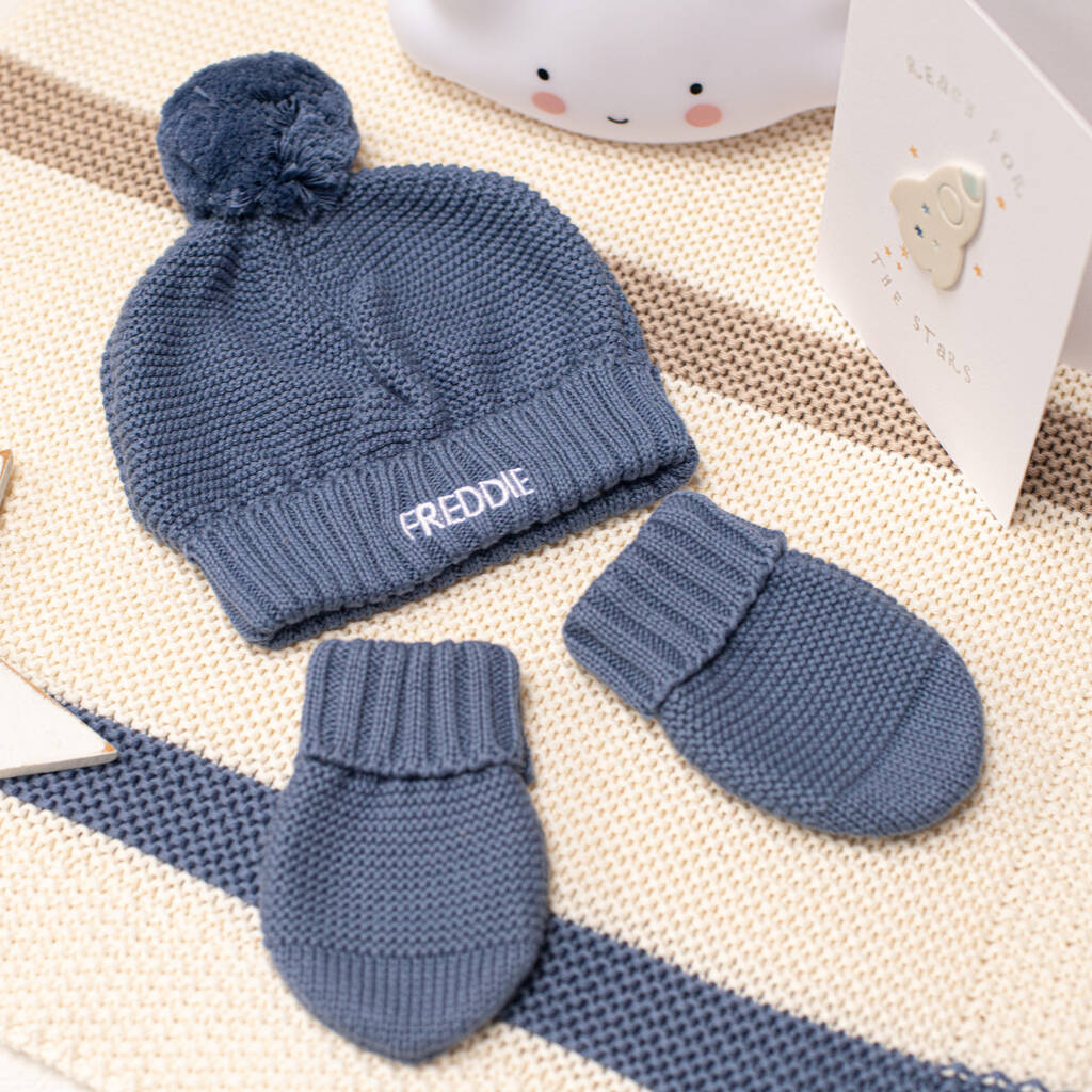 Baby Boy Personalised Bobble Hat And Mittens Gift Set, 1 of 12