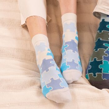 Leaf Mint And Jigsaw Blue Women's Socks Bundle, 3 of 6
