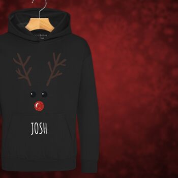 Rudolph The Reindeer Personalised Kids Hoodie Christmas Jumper, 9 of 11