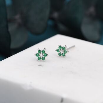 Emerald Green Cz Flower Stud Earrings Sterling Silver, 2 of 10