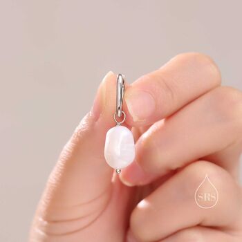 Sterling Silver Rectangular Hoops With Dangling Baroque Pearl Drop Earrings, 5 of 10