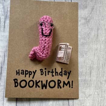 Book Worm Reader Crochet Birthday Card Handmade, 6 of 8
