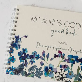 Watercolour Forget Me Nots Floral Wedding Guest Book, 2 of 7