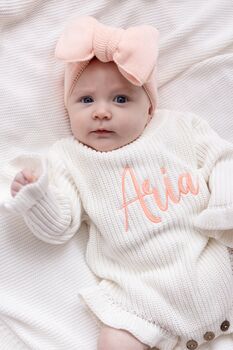 Personalised Embroidered Ruffle Detail Knitted Baby Romper Three Colours Available, 4 of 12