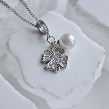 Clover Pearl And Zircon Necklace 925 Sterling Silver Charm Gift, 2 of 7