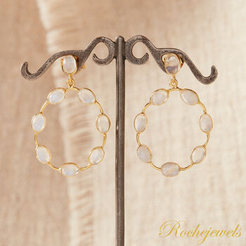 White Rainbow Moonstone Oval Gold Silver Stud Drop Earrings, 7 of 9