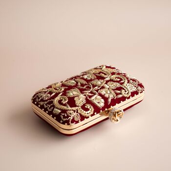 Baraat Maroon Velvet, Gold Embroidered Clutch, 6 of 6
