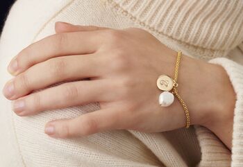 Gold Initial Disc Bracelet With Freshwater Pearl, 8 of 9
