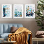 Teal Blues Abstract Waves Set Of Three Framed Prints, thumbnail 1 of 7