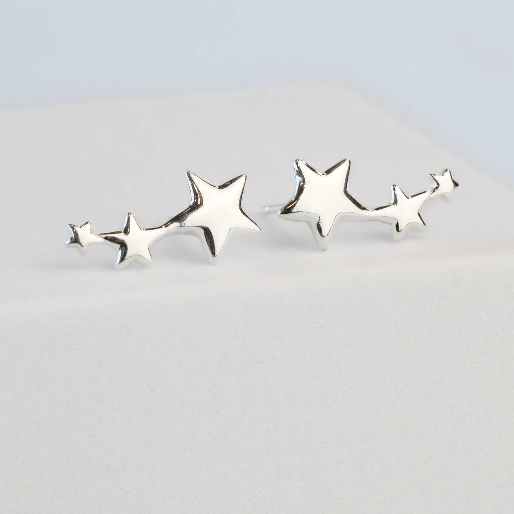Sterling Silver Triple Star Curve Stud Earrings, 1 of 5