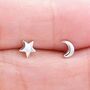 Tiny Crescent Moon And Star Stud Earrings, thumbnail 2 of 11