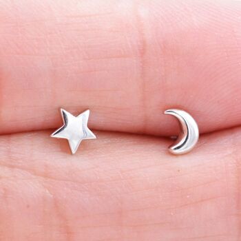 Tiny Crescent Moon And Star Stud Earrings, 2 of 11