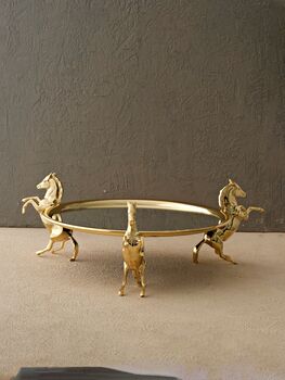 Round Brass Tray With Three Horse Base Mirrored Surface, 6 of 6