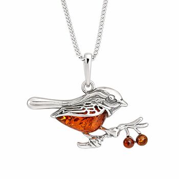 Personalised Sterling Silver Baltic Amber Robin Pendant Necklace, 5 of 9
