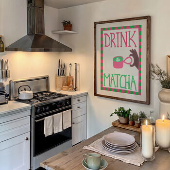 Drink Matcha Pink Green Checked Hand Painted Kitchen Print, 5 of 6