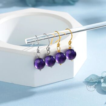 Sterling Silver Natural Amethyst Bead Hook Earrings, 7 of 12